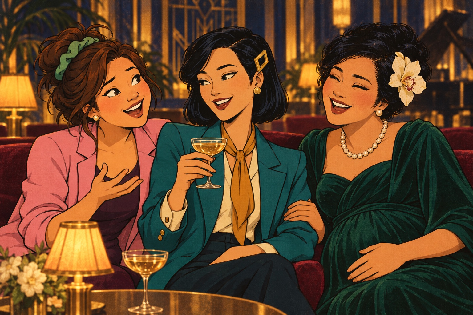 Earlier at the gala: Rebecca gestures through a funny story as Charlotte and Mary laugh together.